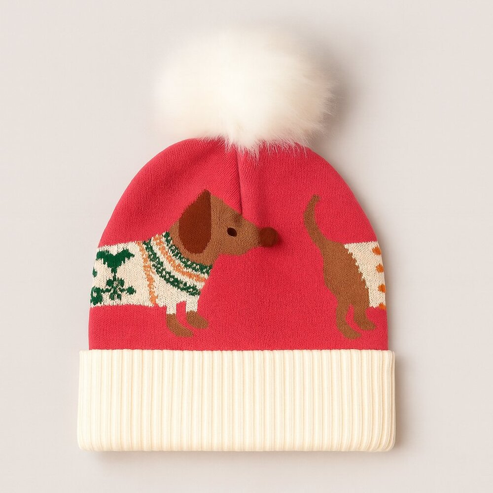 Pink Dachshund Knit Beanie with Faux Fur Pom – Winter Dog Sweater Design